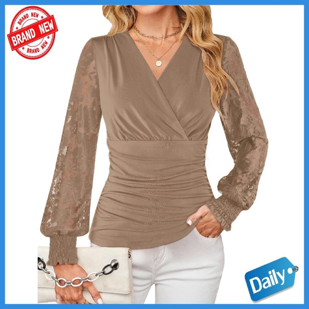 Wrap V Neck Lace Long Sleeve Blouse Ruched Top Stretchy Soft Fabric